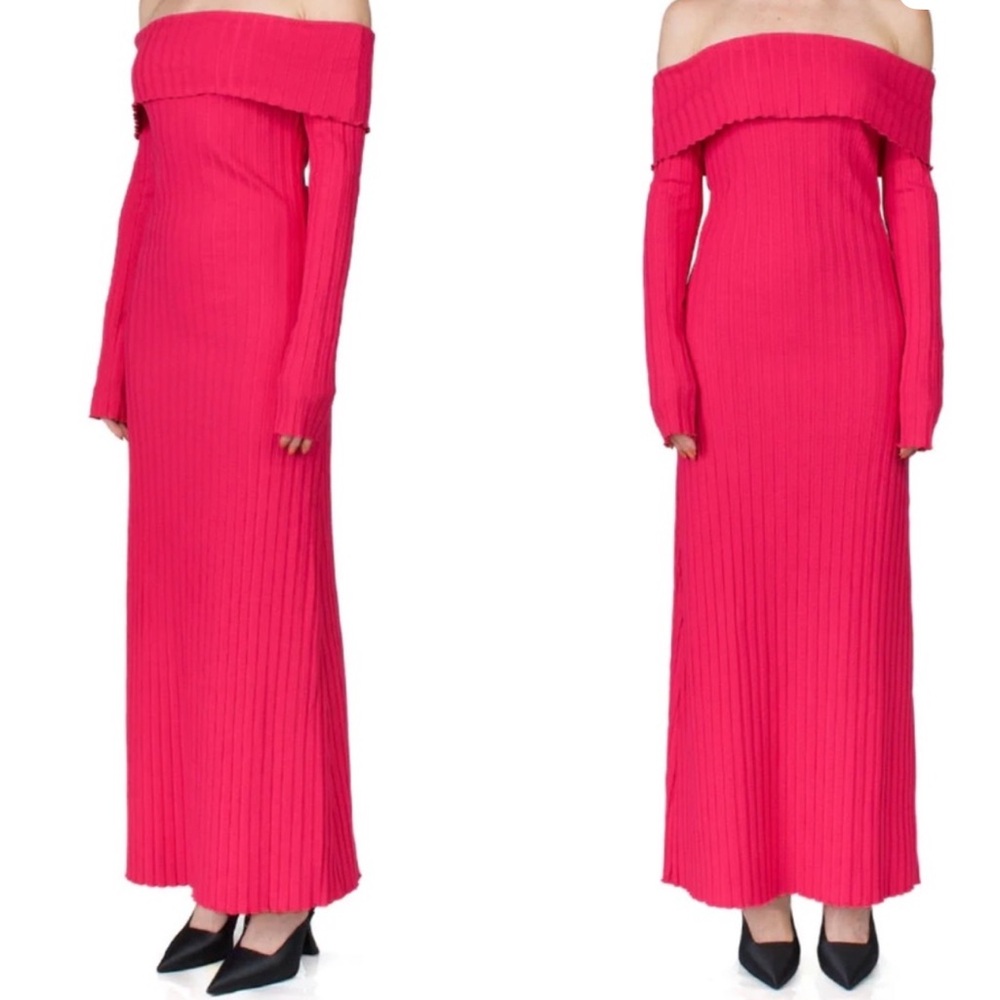 Simon Miller Espen Off-The-Shoulder Ribbed Hot Pink Midi Sweaterdress medium